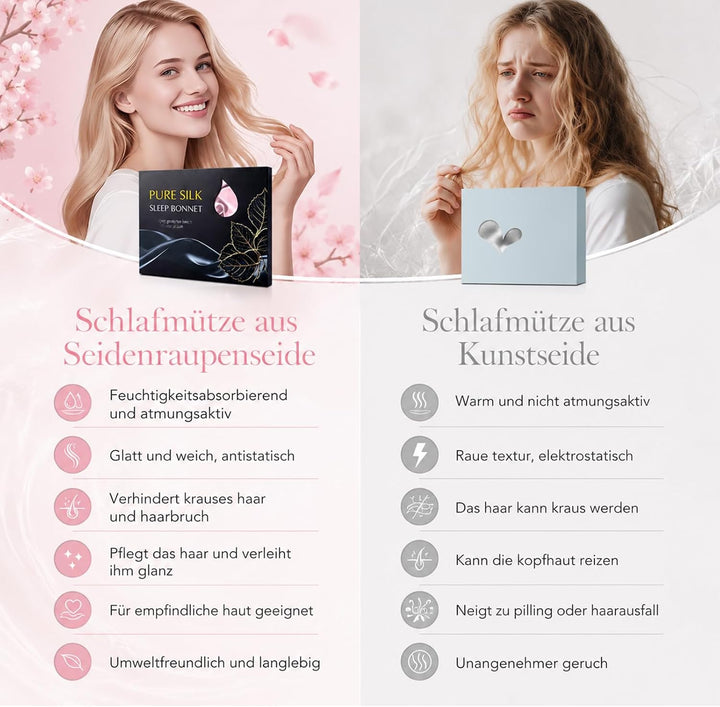 Seidenhaube zum Schlafen, 100% Maulbeerseide Haarhaube, 22 Momme Doppellagig Beidseitig Nutzbar, Sch
