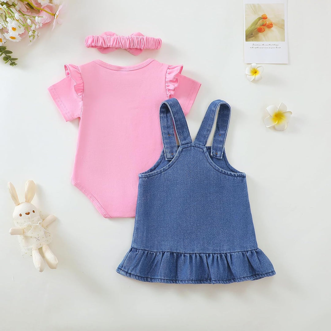 Baby Outfits für Mädchen mit Herz Print kurzärmelig Strampler Hosenträgerrock Bären Kleid Schleife S