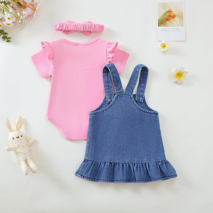 Baby Outfits für Mädchen mit Herz Print kurzärmelig Strampler Hosenträgerrock Bären Kleid Schleife S