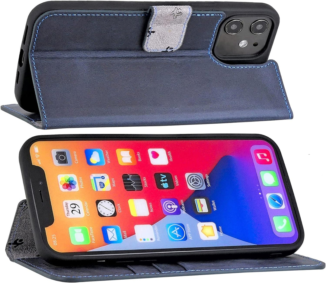 Suncase Book-Style Hülle kompatibel mit iPhone 12 Mini (5.4") Leder Tasche (Slim-Fit) Lederhülle Han