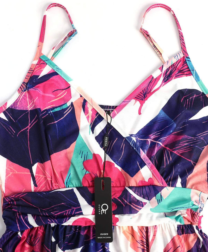 OUGES Kleid Damen Spaghettiträger Sommer Kleider Knielang V-Ausschnitt Strandkleid mit Taschen M Flo