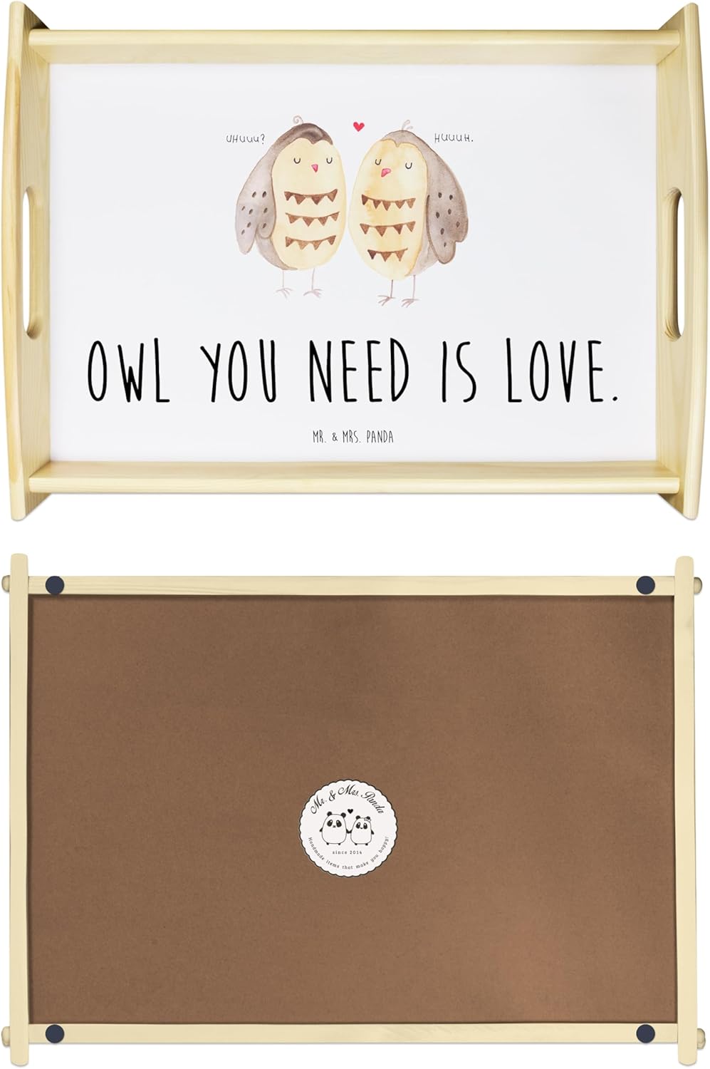 Mr. & Mrs. Panda Sofa Tablett Eulen Liebe - Geschenk, Liebesspruch, Dekotablett, aus Holz, Verliebt,