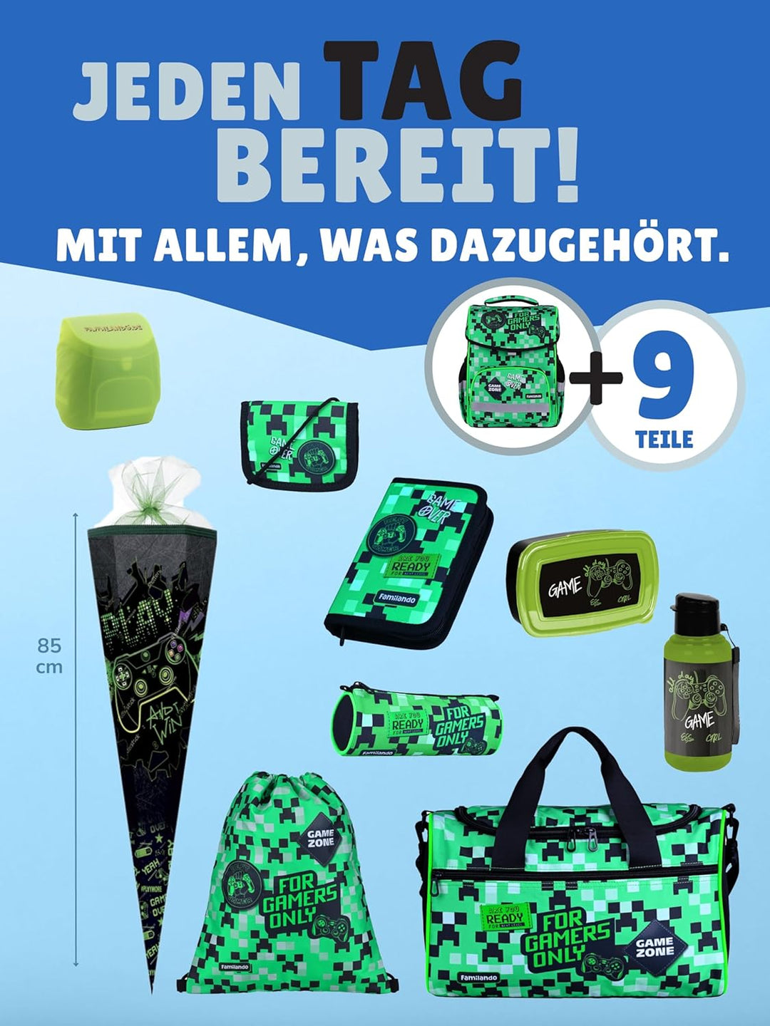 Familando Jungen Schulranzen 1. Klasse · Playworld Gaming Pixel Schultasche · ergonomisch & leicht ·