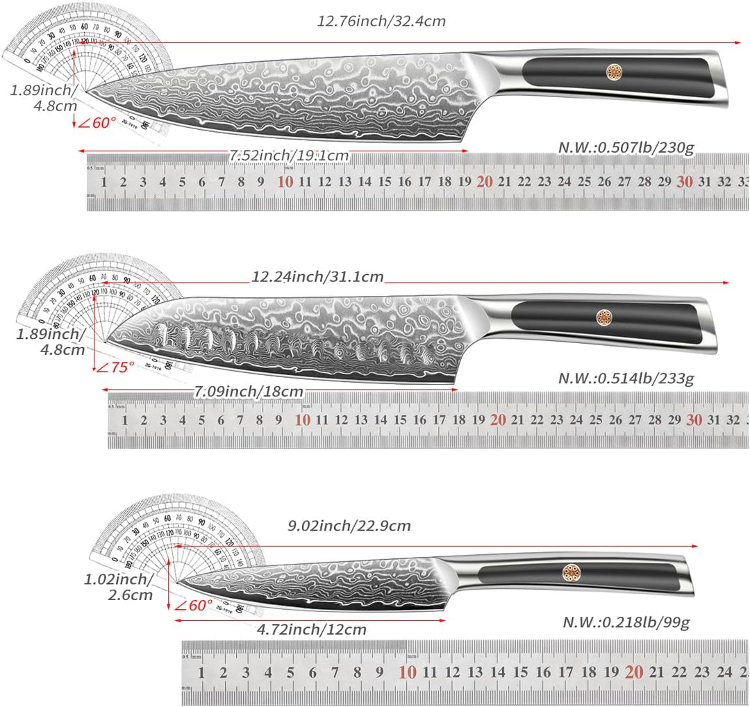 ioko Damaszenerstahl-Messer-Set, 3-teilig, Scharfe Klingen, Komfortable Griffe (Schwarz), Schwarz