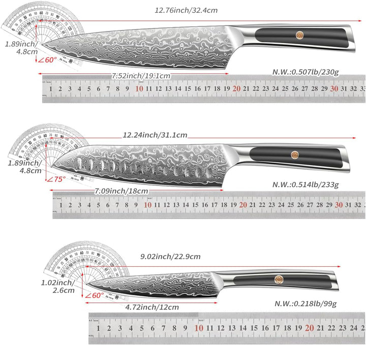 ioko Damaszenerstahl-Messer-Set, 3-teilig, Scharfe Klingen, Komfortable Griffe (Schwarz), Schwarz