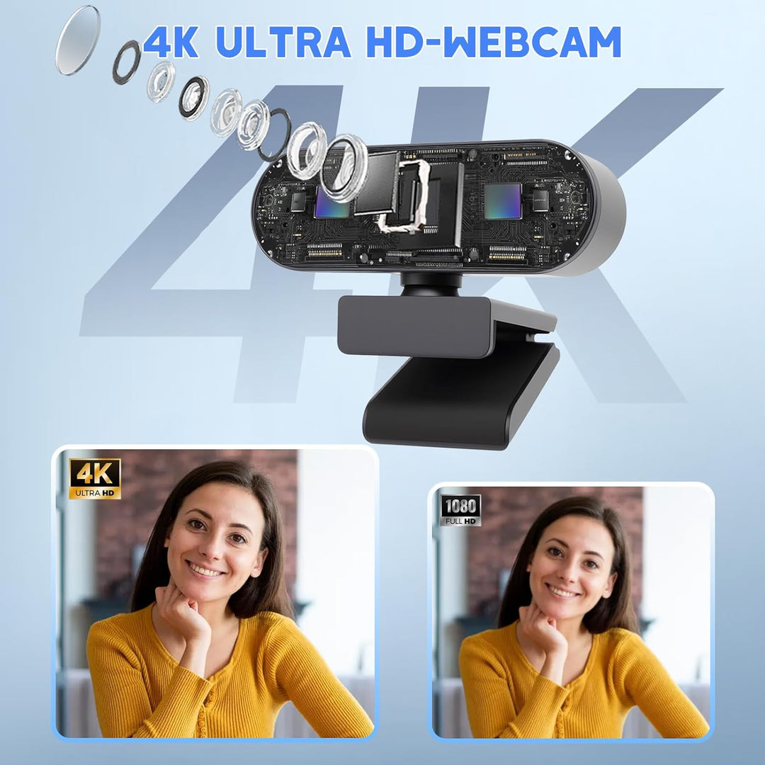 Webcam 4K, Webcam Full HD 30fps, 80° Weitwinkel mit Mikrofon mit Rauschunterdrückung, Belichtungskor