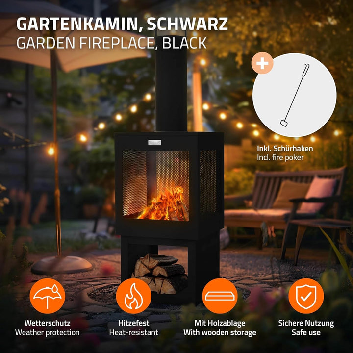 ML-Design Gartenkamin mit Schornstein 128x40 cm eckig, Stahl, Outdoor Gartenofen, Terrassenofen mit