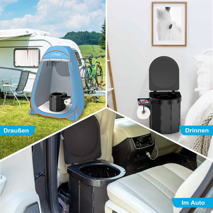 WADEO Tragbare Campingtoilette mit Deckel, 30 cm hohe Mobile Toilette mit 12 Stück Toilettenbeutel,