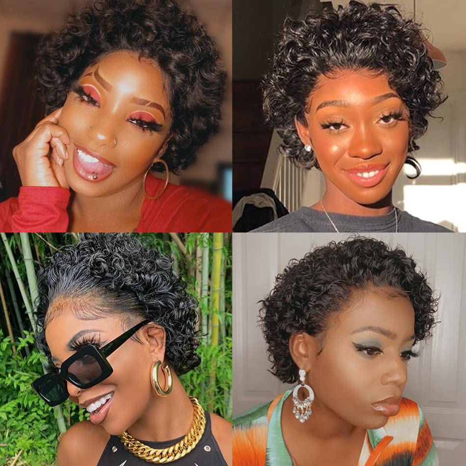 DaiMer Lace Pixie Cut Wigs Lace Front Short Curly Human Hair Wigs for Women Natural Hairline 130% De