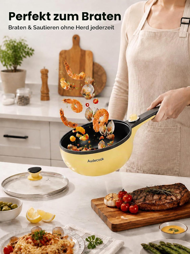 Audecook Elektrische Bratpfanne, Hot Pot Topf 20cm, Antihaft Mini elektropfanne mit Dampfgarer, Mult