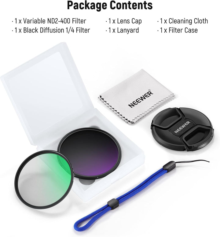 NEEWER 82mm Variable ND 2-400 &amp; Black Diffusion 1/4 Filter für einen filmischen Nebeleffekt, 2 Pack