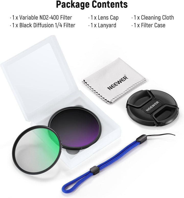 NEEWER 77mm Variables ND und Black Diffusion 1/4 Filter Set, 2er Pack, mehrfach beschichtetes optisc
