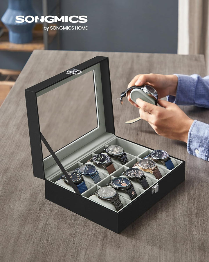 SONGMICS Uhrenbox mit 10 Fächern, Uhrenkasten mit Glasdeckel, Uhrenkoffer mit Herausnehmbaren Uhrenk