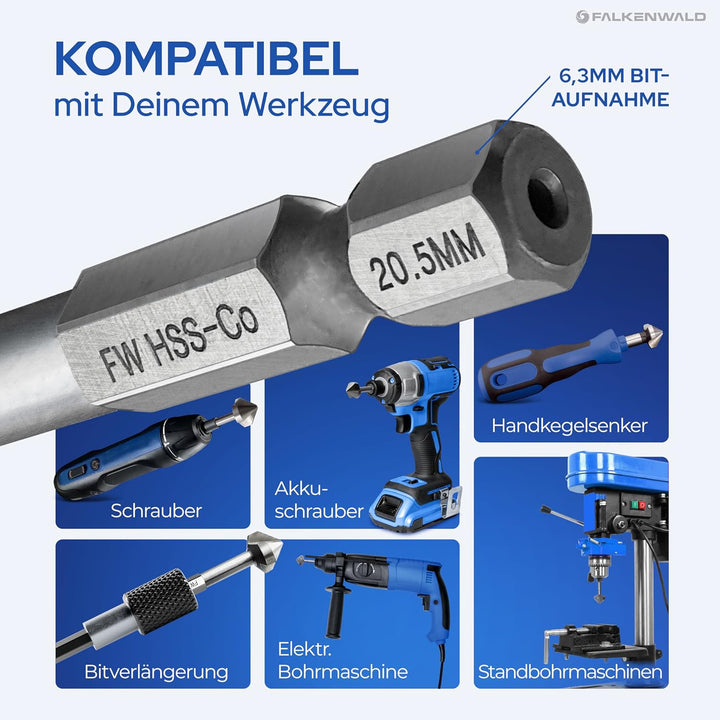 Falkenwald Kegelsenker Set aus HSS-CO Stahl [6-teilig inkl. Aufbewahrungsbox] - Senkbohrer Holz Ø 6,