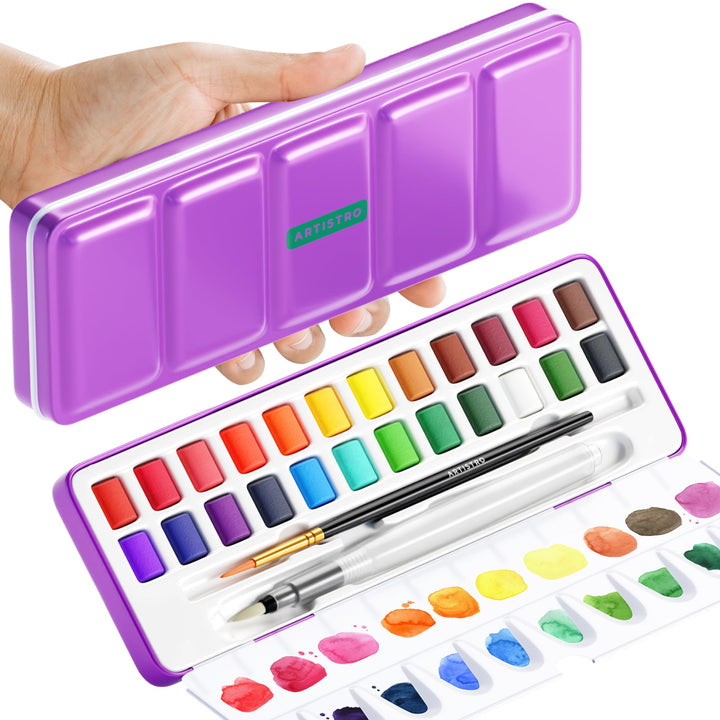 Artistro Aquarellfarben-Set 24 Farben in tragbarer Box für Kinder, Erwachsene, Künstler, Anfänger un