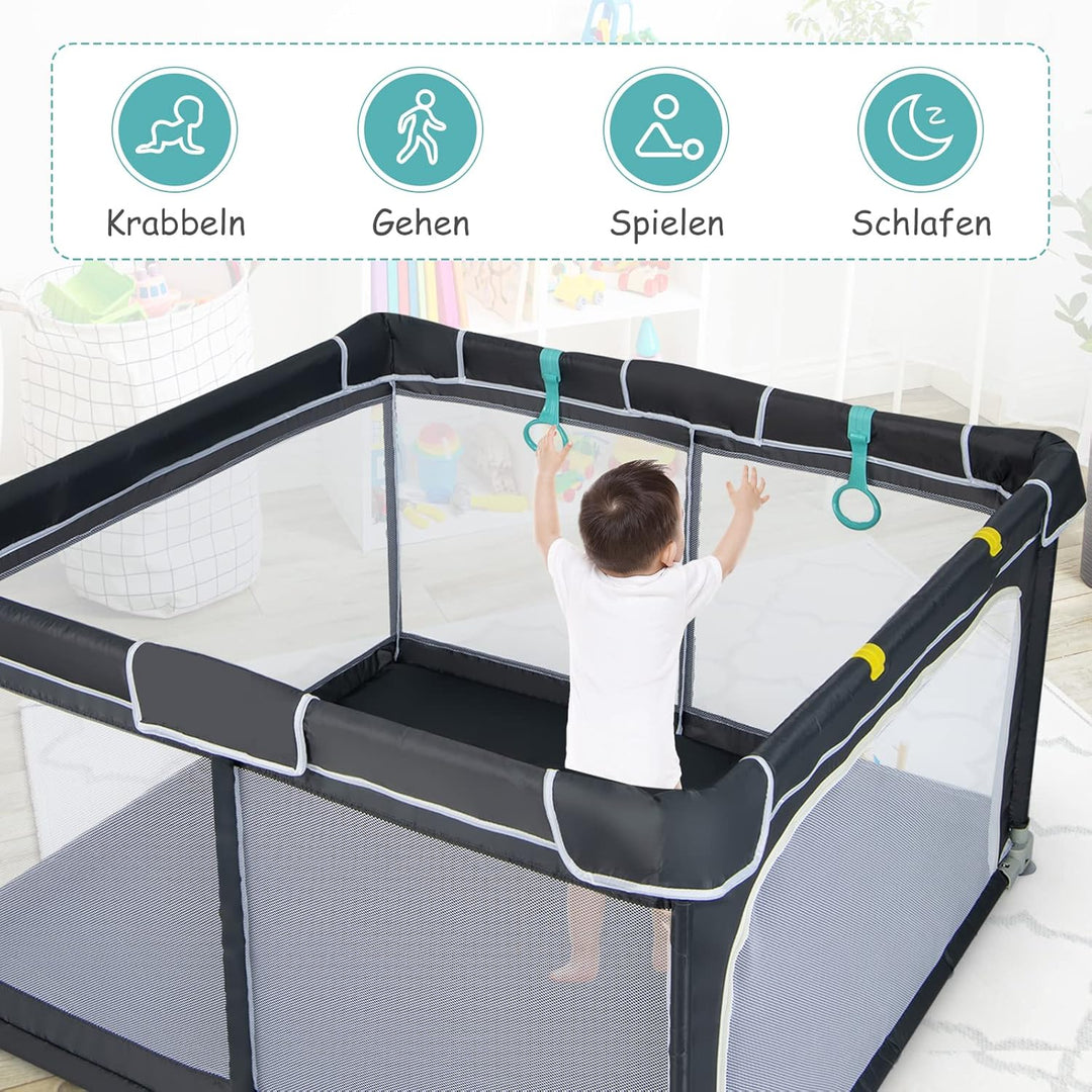 DREAMADE Laufstall Baby, 126 x 126 cm Klappbares Laufgitter mit Tür &amp; 50 Spielbällen &amp; Zugring, Schu