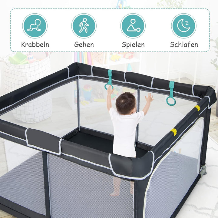 DREAMADE Laufstall Baby, 126 x 126 cm Klappbares Laufgitter mit Tür &amp; 50 Spielbällen &amp; Zugring, Schu