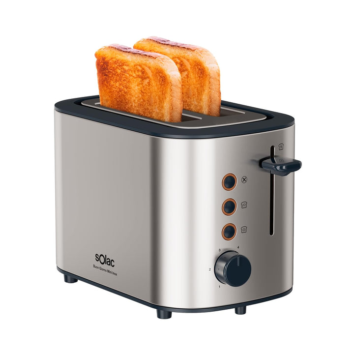 Solac – Toaster Buon Giorno Mini Inox, 870W, 13x11,5x3,4cm Toastfläche, 6 Bräunungsstufen, 3 Funktio