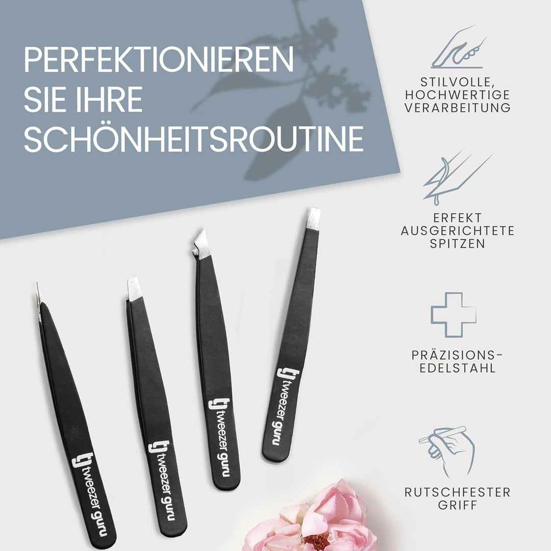 Tweezer Guru augenbrauen zupfen – Pinzetten Set aus Edelstahl - Abgeschrägt &amp; Spitz – Präzision zur