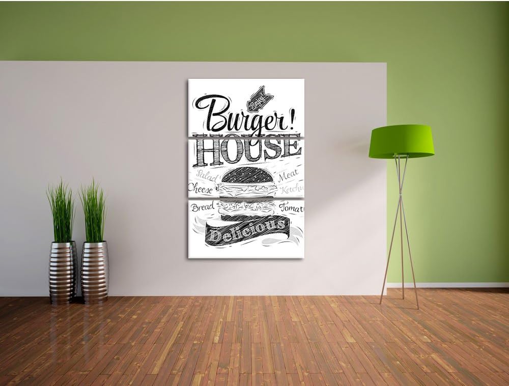 Pixxprint Burger House / 3-Teilig/Gesamtmass 120cm Leinwandbild bespannt auf Holzrahmen/Wandbild Kun