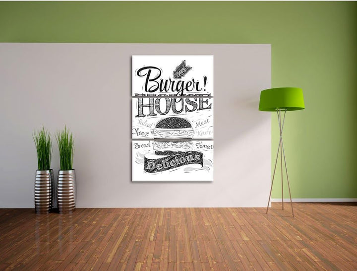 Pixxprint Burger House / 3-Teilig/Gesamtmass 120cm Leinwandbild bespannt auf Holzrahmen/Wandbild Kun