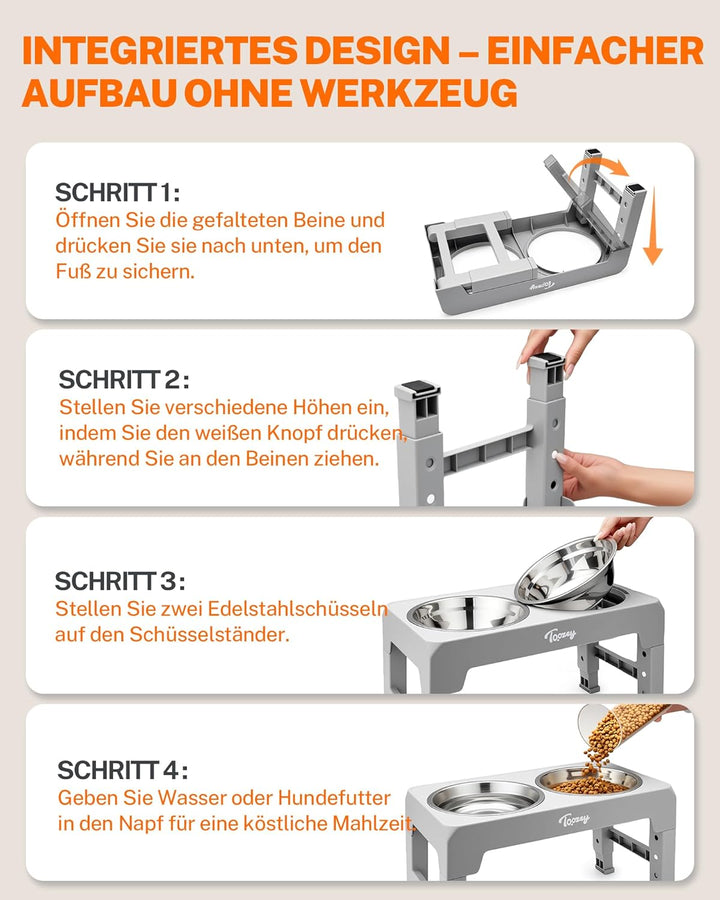Toozey Hundenapf, Futterstation mit 2X 1200ml Edelstahlnäpfen, für mittlere & grosse Hunde，4 Höhenve