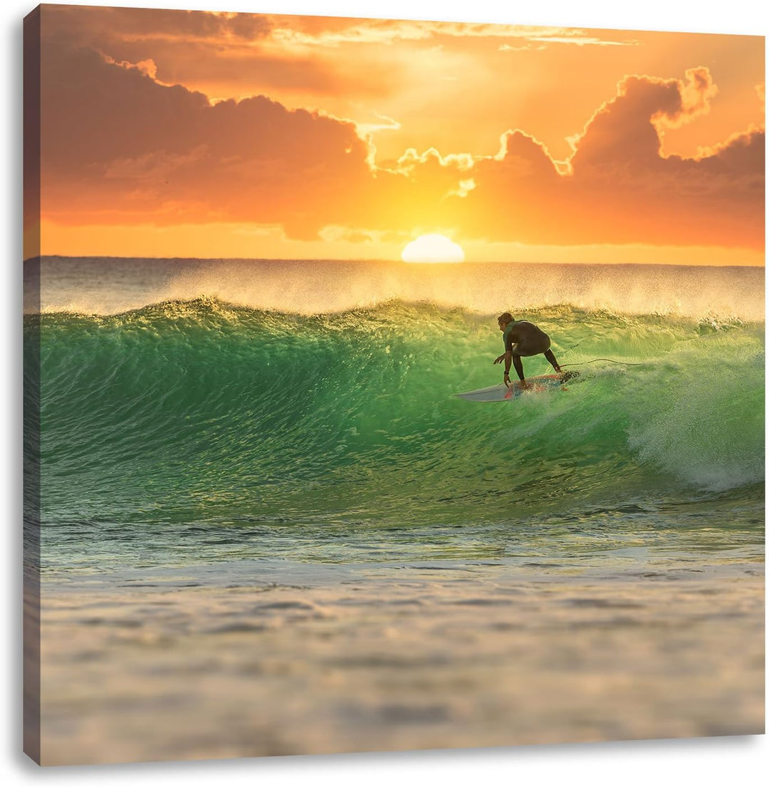Pixxprint Surfen im Sonnenuntergang Wellenreiten, Format: 70x70 auf Leinwand, 70x70