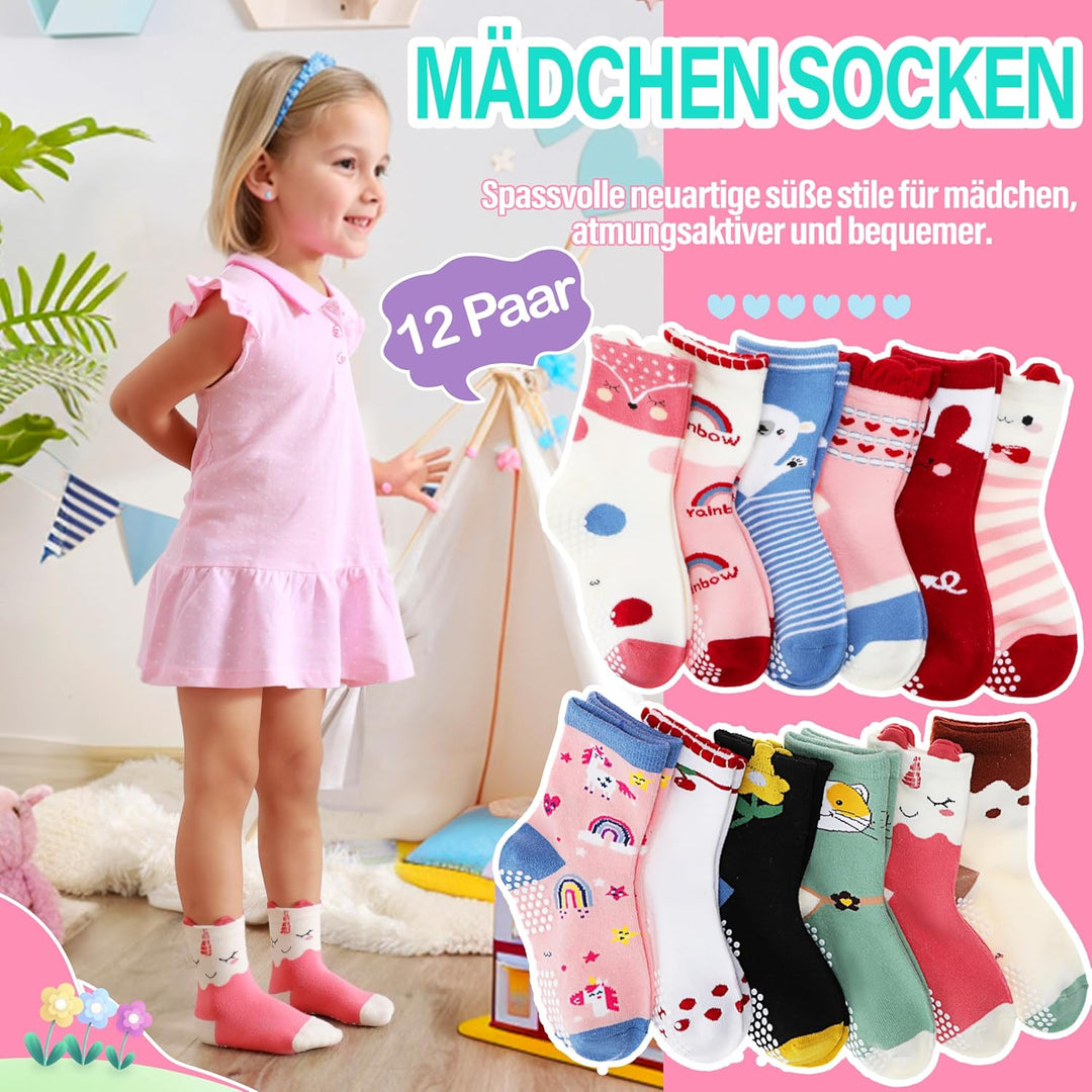 Welwoos 12 Paare Stoppersocken Kinder Baby Mädchen Socken Antirutschsocken Kinder Anti Rutsch Baumwo