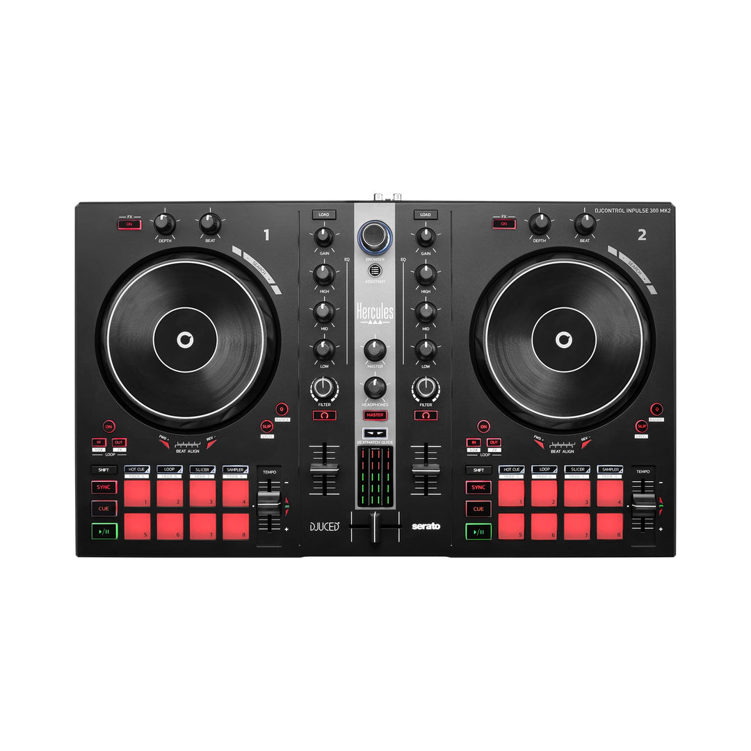 Hercules DJControl Inpulse 300 MK2 – USB-DJ-Controller – 2 Decks mit 16 Pads und eingebauter Soundka