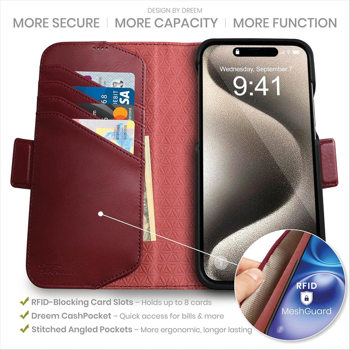 Dreem Fibonacci kompatibel mit iPhone 15 Pro Max Brieftaschen-Etui / 2-in-1 stossfestes Etui und abn