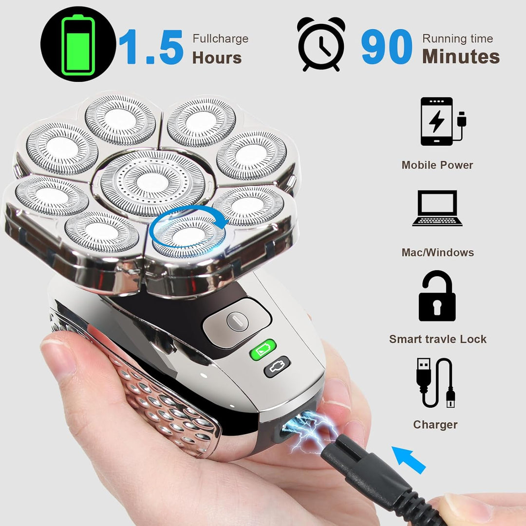 Glatzen Rasierer Herren Elektrisch, 9D 6 in 1 Glatzen Rasierer Herren, Kopfrasierer Glatze Nass Und