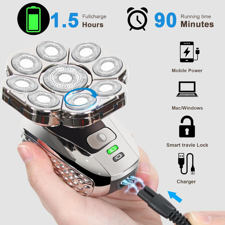 Glatzen Rasierer Herren Elektrisch, 9D 6 in 1 Glatzen Rasierer Herren, Kopfrasierer Glatze Nass Und