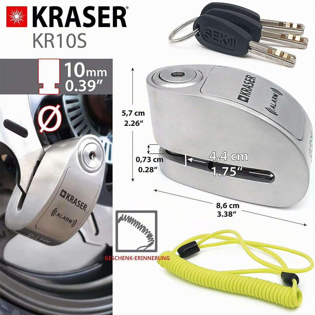 KRASER KR10S Motorrad Alarm Vorhängeschloss, 120dB Double Lock Anti-Diebstahl Bike Disc Clip mit War