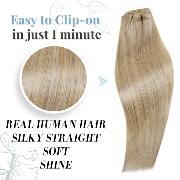 RUNATURE Clip in Extensions Echthaar Aschblond mit Goldblond 45cm 120g Echthaar Clip Extensions Remy