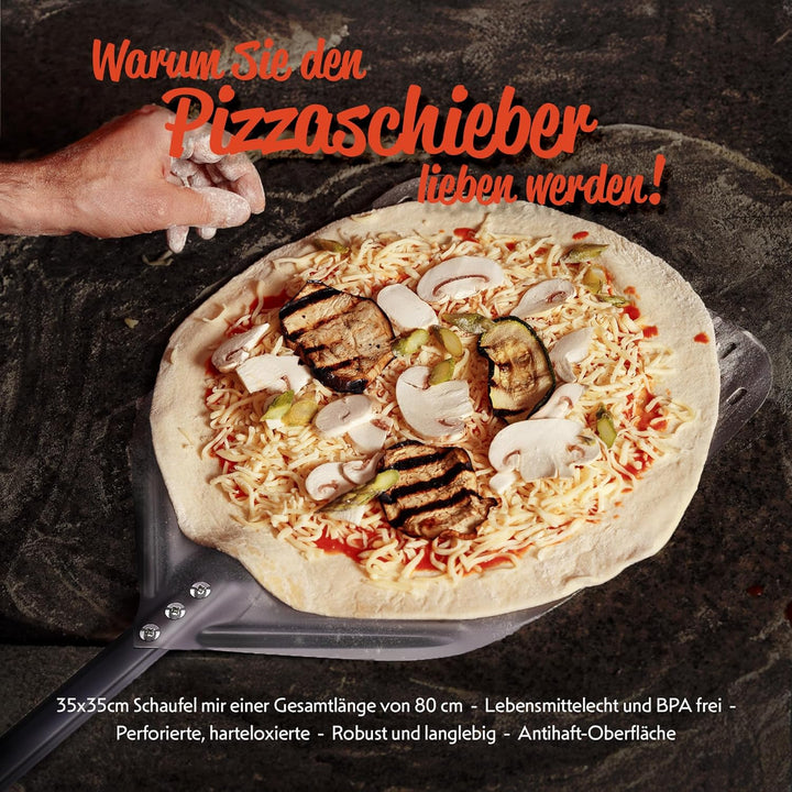 Pizza Lover® hochwertiger Pizzaschieber perforiert 35 x 35 cm Pizzaschaufel aus harteloxiertem Alumi