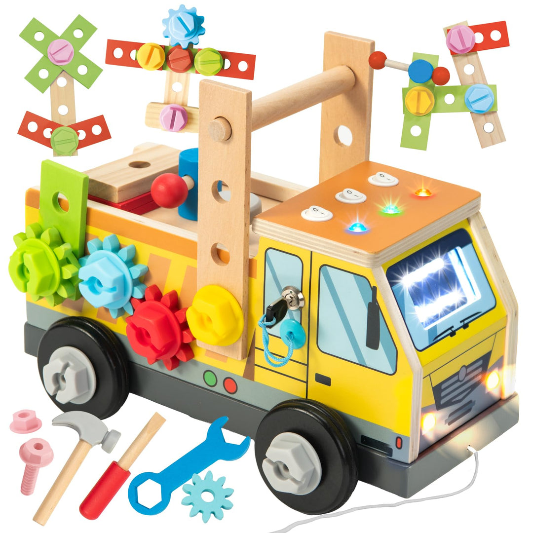 Nene Toys Montessori Busy Board LKW – FSC® Holz Werkzeugkoffer &amp; Schraubbrett mit 3 LED-Schaltern, S