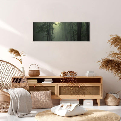 Panorama Bilder auf Leinwand Wald Nebel Baum Leinwandbild mit Rahmen 90x30cm Wandbilder Dekoration W