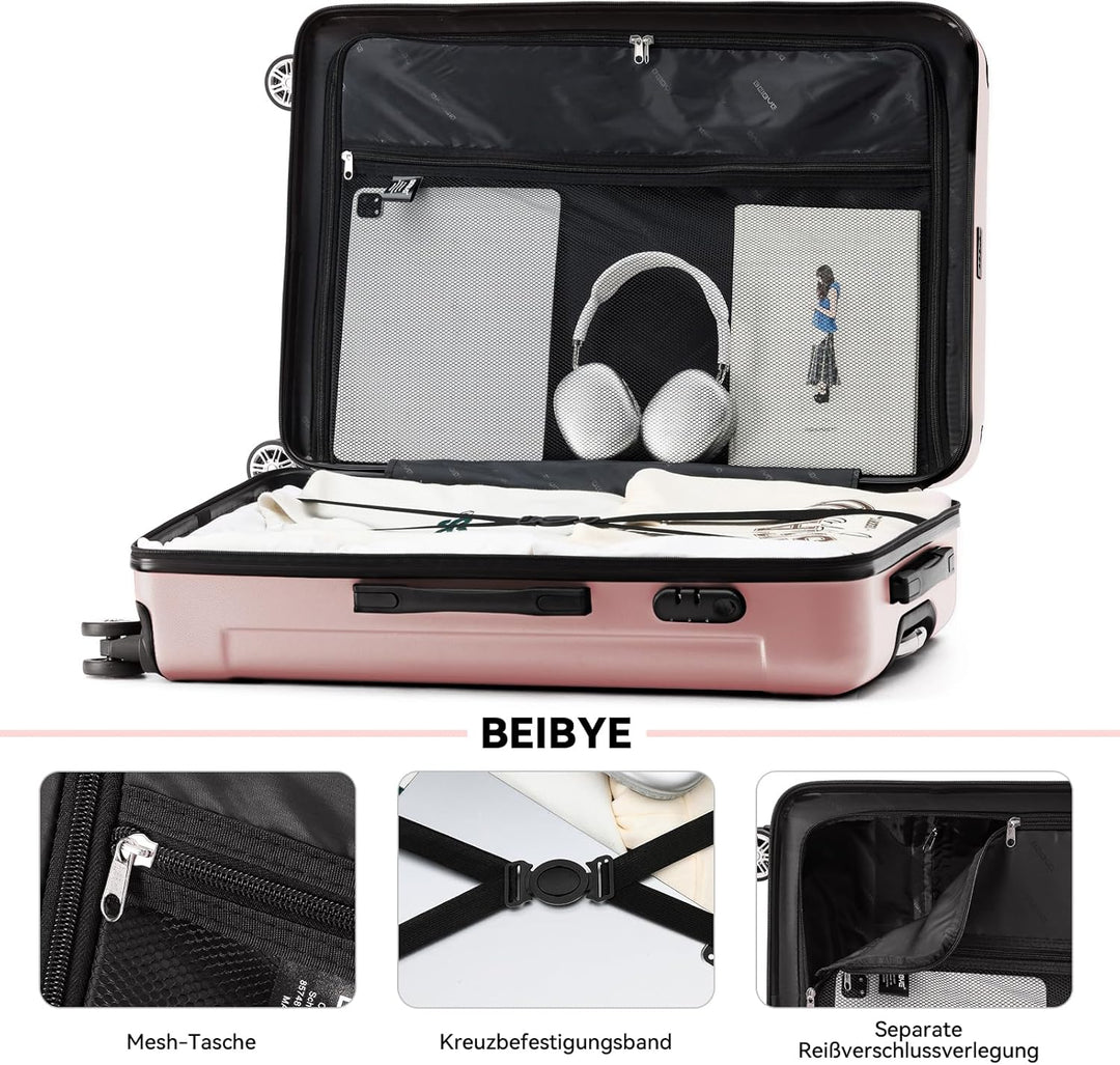 BEIBYE Zwillingsrollen Hardcase Reisekoffer Koffer Trolleys Hartschale in XL-L-M in 20 Farben (Rosag