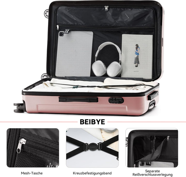 BEIBYE Zwillingsrollen Hardcase Reisekoffer Koffer Trolleys Hartschale in XL-L-M in 20 Farben (Rosag