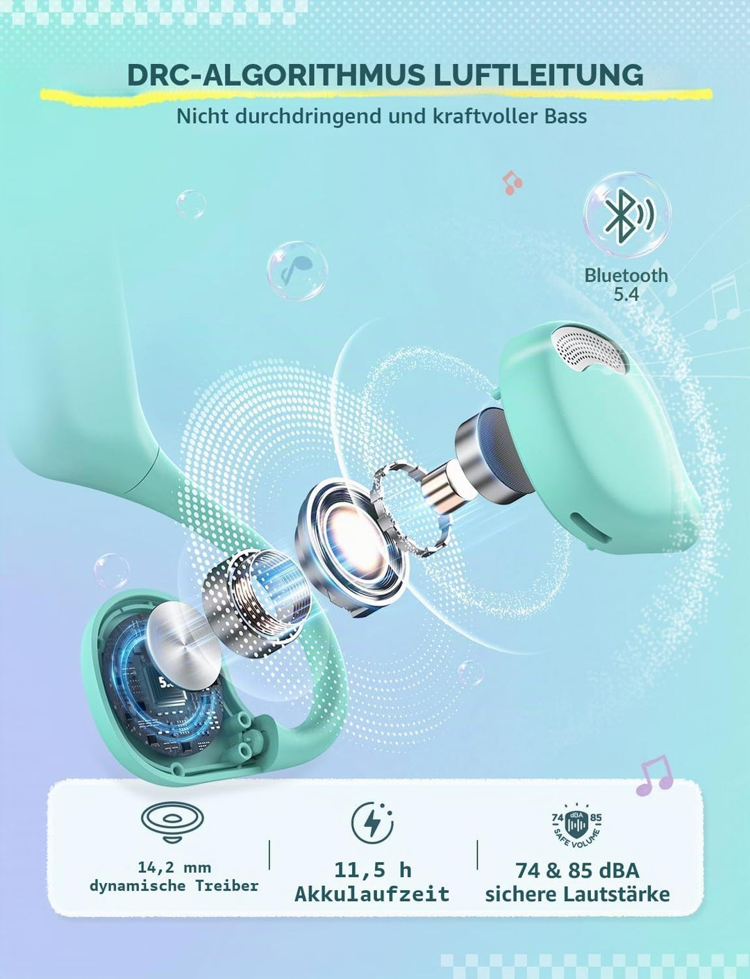 iClever Kinder-Kopfhörer, Knochenleitung, offenes Ohr, Sicherheit, IPX5 wasserdicht, 360° Biegung, l