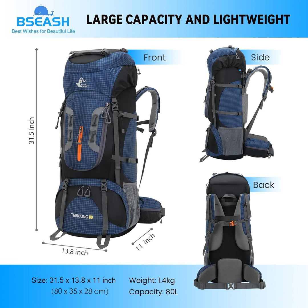 Bseash 80L Wasserdichter Wanderrucksack mit Regenschutz, leichter Outdoor-Sport, Reisen, Tagesrucksa