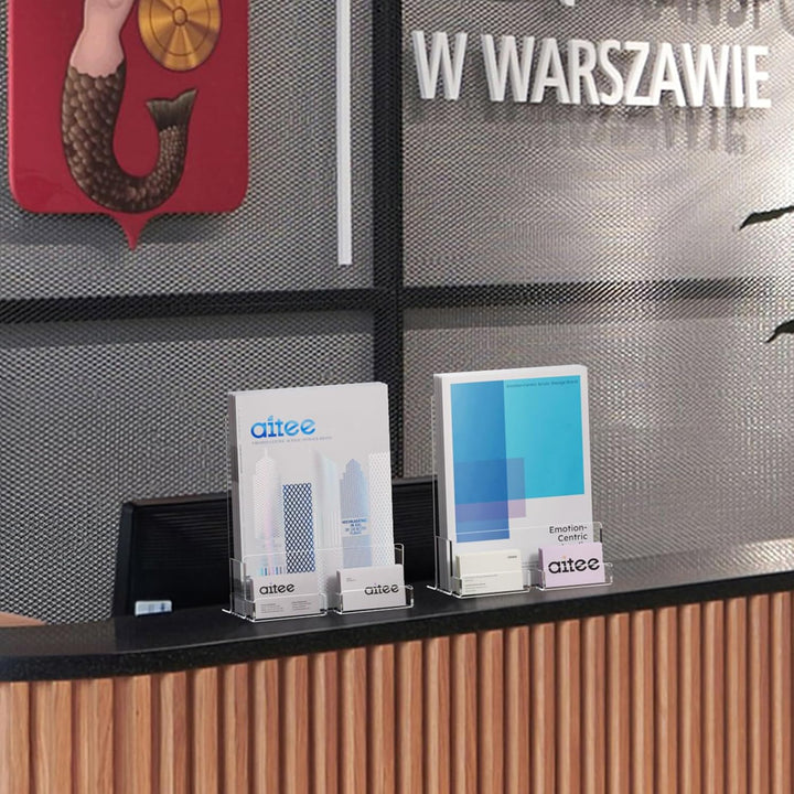 AITEE DIN A4 Tisch-Prospektständer: 2 Stück Acryl Transparenter Flyerständer mit Visitenkartenhalter