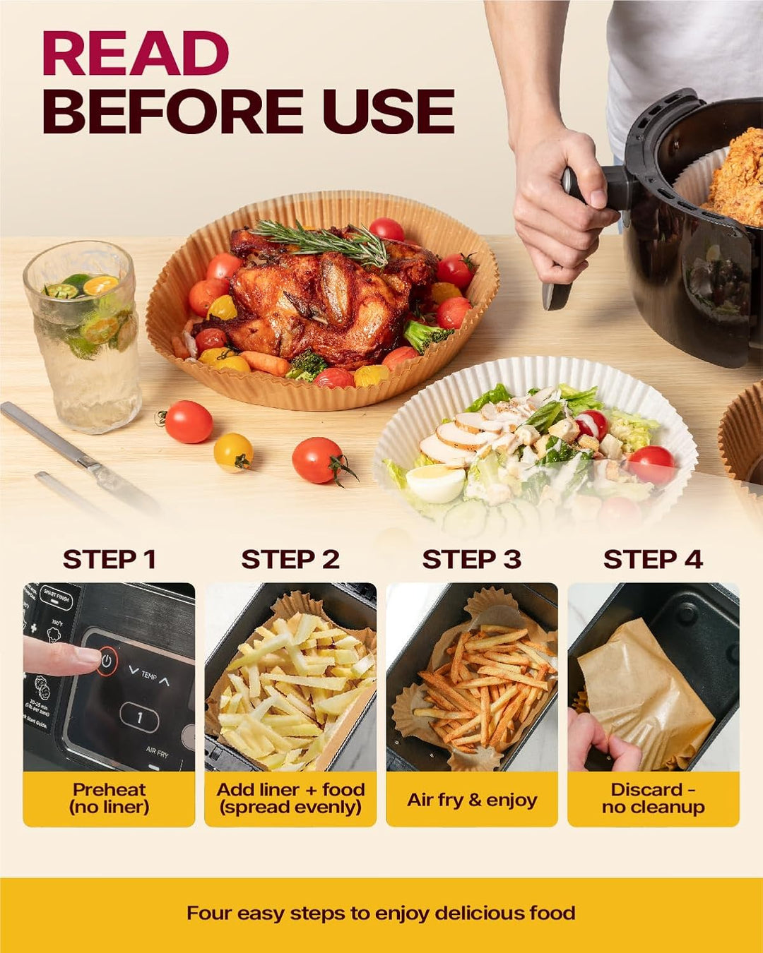 Katbite 220 Stück Backpapier für Heissluftfritteuse mit Doppelkammer, 20.5x14cm Airfryer Papier Line