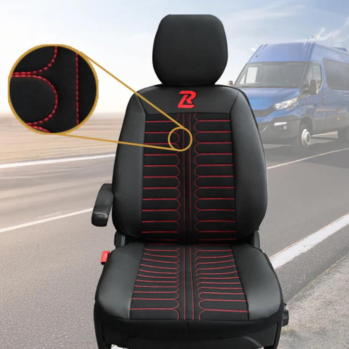 LUCARO Sitzbezüge Auto Set Tornado für Iveco Daily ab 2014 1+2 Schwarz und Rot - Autositzbezüge Stra