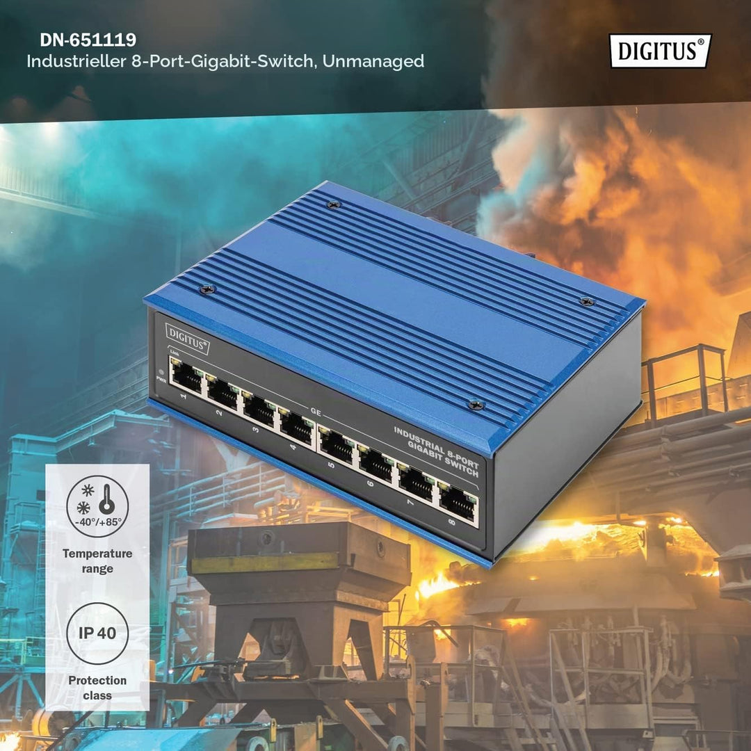 DIGITUS Netzwerk-Switch - 8-Port Gigabit Ethernet - DIN-Rail Montage - Klemmleiste - Lüfterlos - Sch