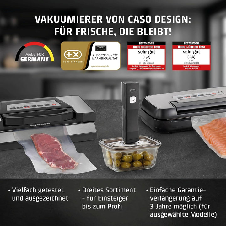CASO Vacu OneTouch Eco-Set, Handvakuumierer inkl. 3 Vakuumbehälter aus Glas, 10 ZIP-Beutel und Food