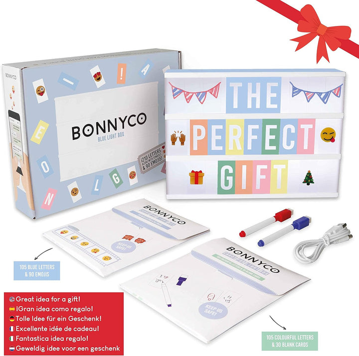 BONNYCO Light Box Blau A4 mit 400 Buchstaben, Emojis, 2 Stifte, USB, Ä Ö Ü ss Enhalten. Blaue LED Li