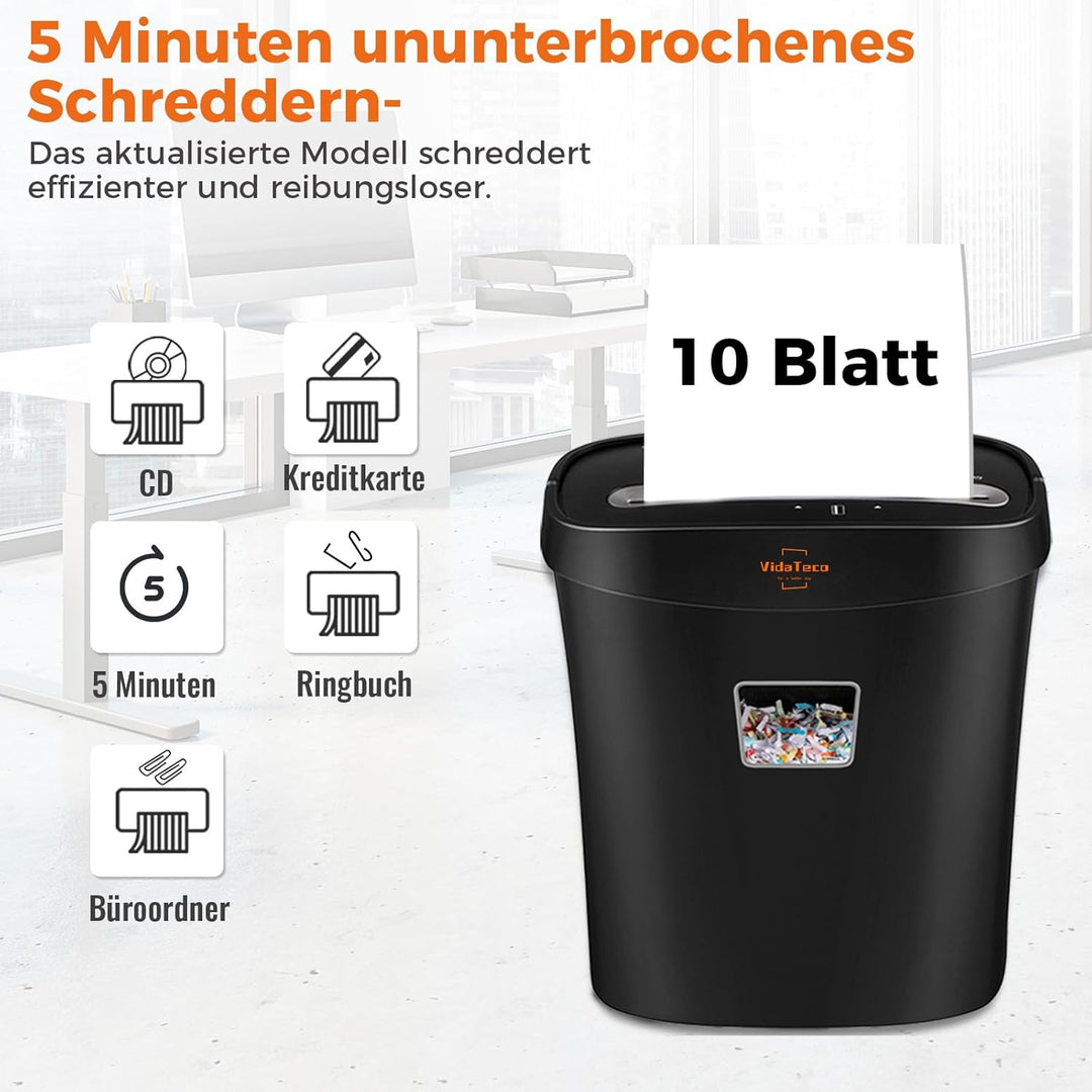 Schredder, 10 Blatt Mikro-Cut (P-4) Aktenvernichter, VidaTeco Partikelschnitt Papierschredder für Pa