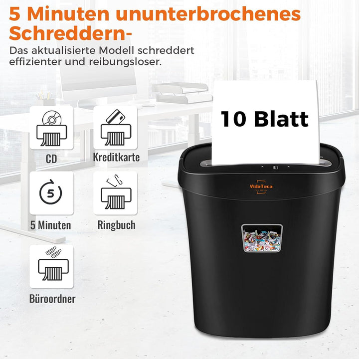Schredder, 10 Blatt Mikro-Cut (P-4) Aktenvernichter, VidaTeco Partikelschnitt Papierschredder für Pa
