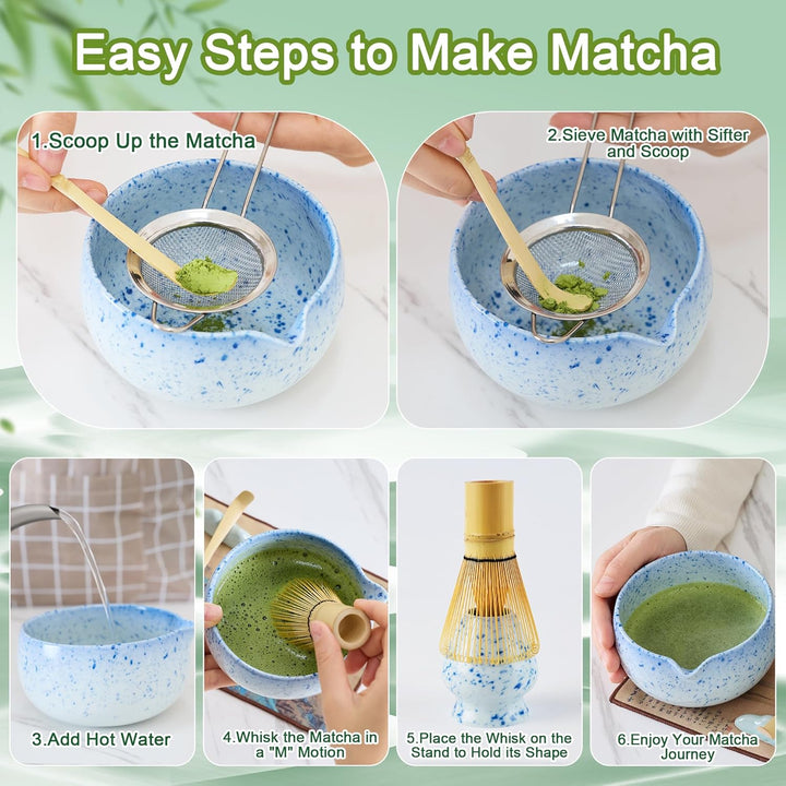 Premium Matcha Tea Set 8- piece Matcha Broom Set with Whisk, Broom Holder, Ceramic Bowl, 2 Teaspoons